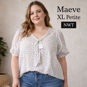Maeve women XL Petite Polka Dot Tie Neck Blouse Anthropologie sheer black white
